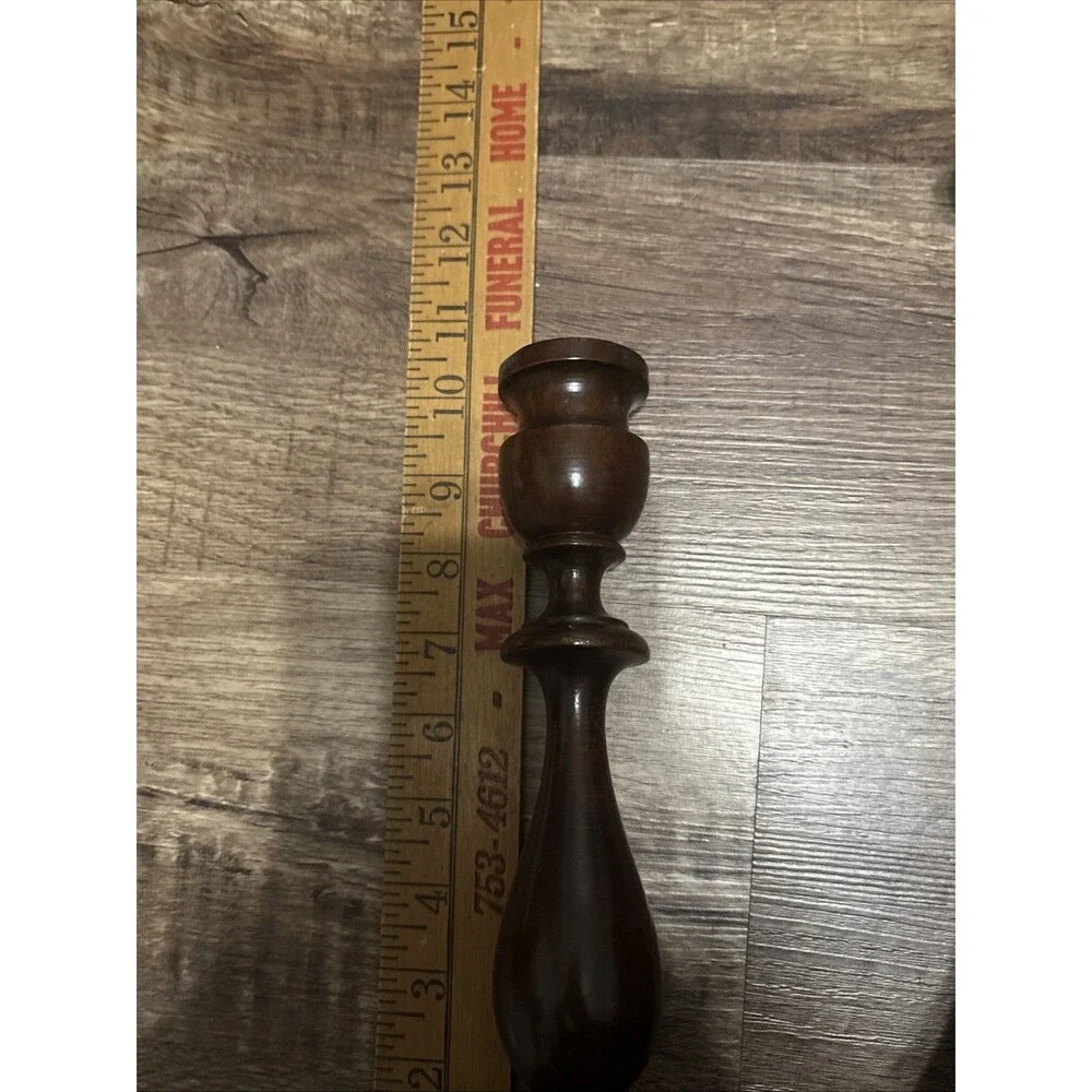 Vtg Antique Turned Wooden Set of Candle Stick Holders Dark Wood 10” & 10.5”